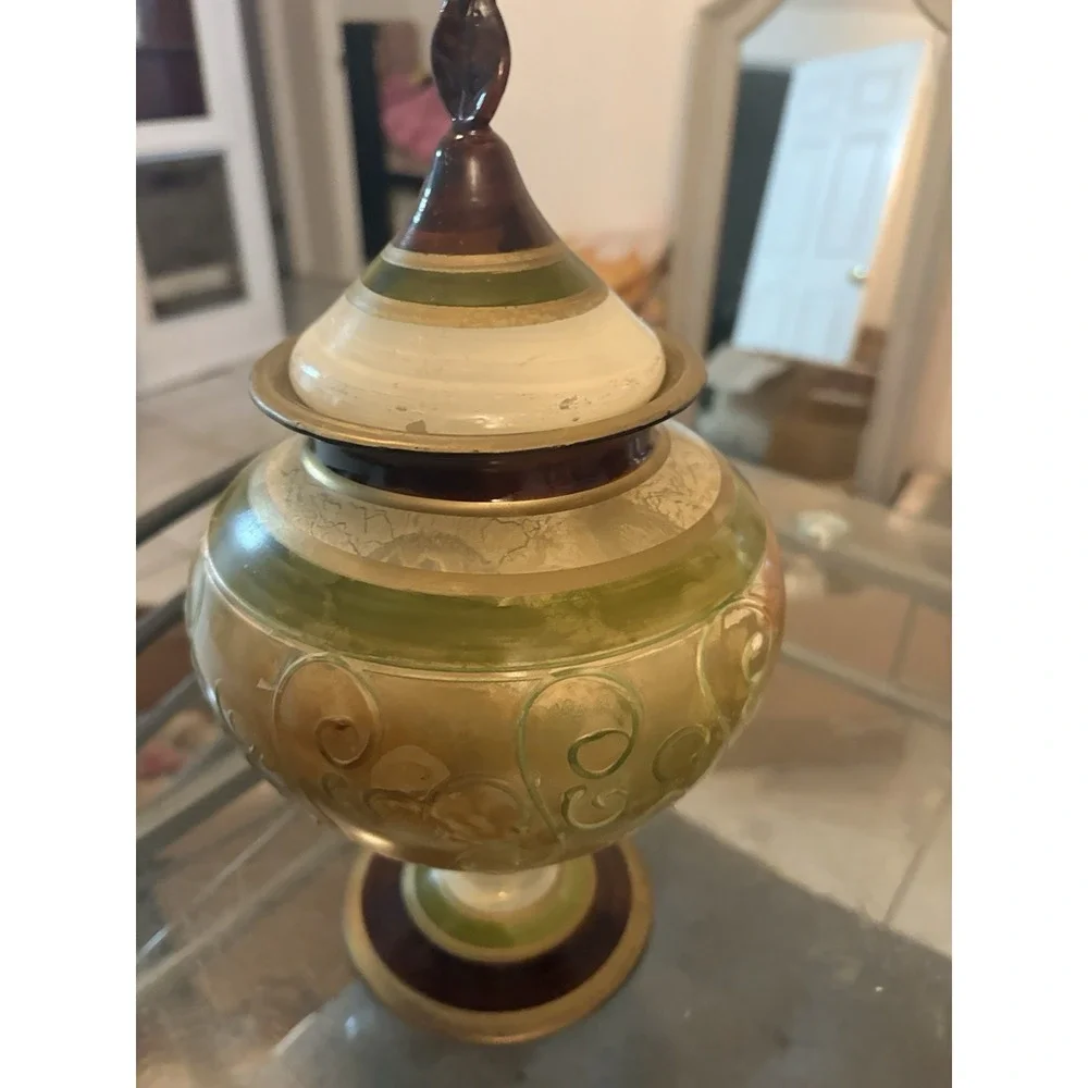 VTG Decorative Glass Urn Jar Pedestal Lid Hand Painted Gold Green Scroll 12